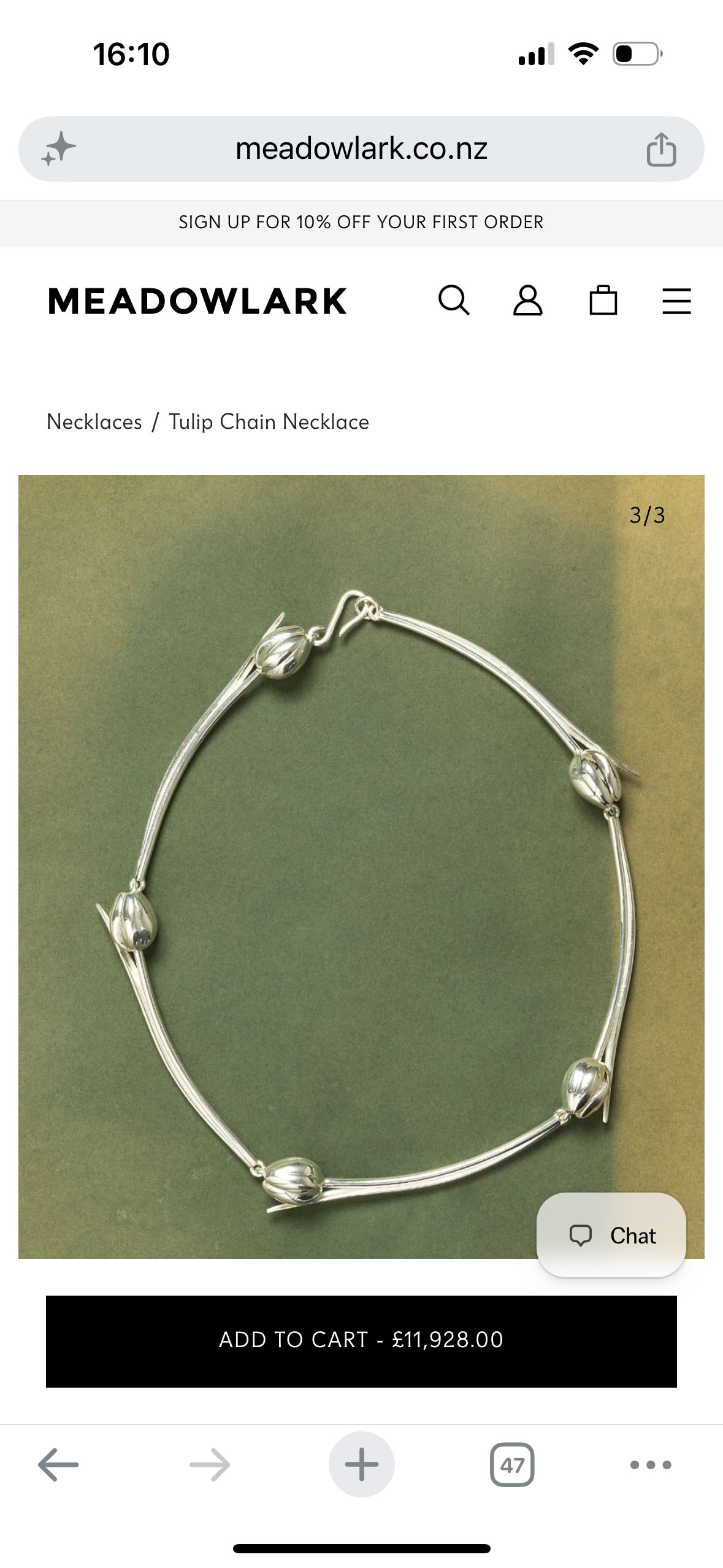 Adriano Orlando does the development for Meadowlark with Meide Engineering. Screenshot of the Meadowlark Tulip Chain Necklace product in 9ct Yellow Gold.