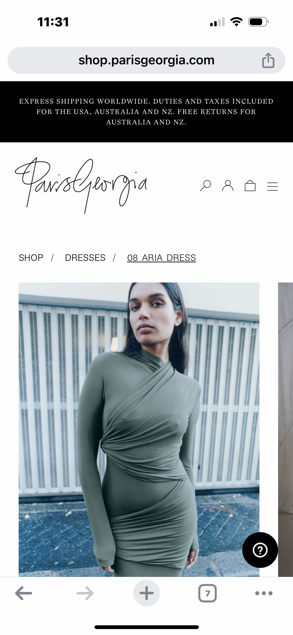 Adriano Orlando does the development for Paris Georgia with Meide Engineering. 08 Aria Dress in Sicilian Olive product page screenshot.